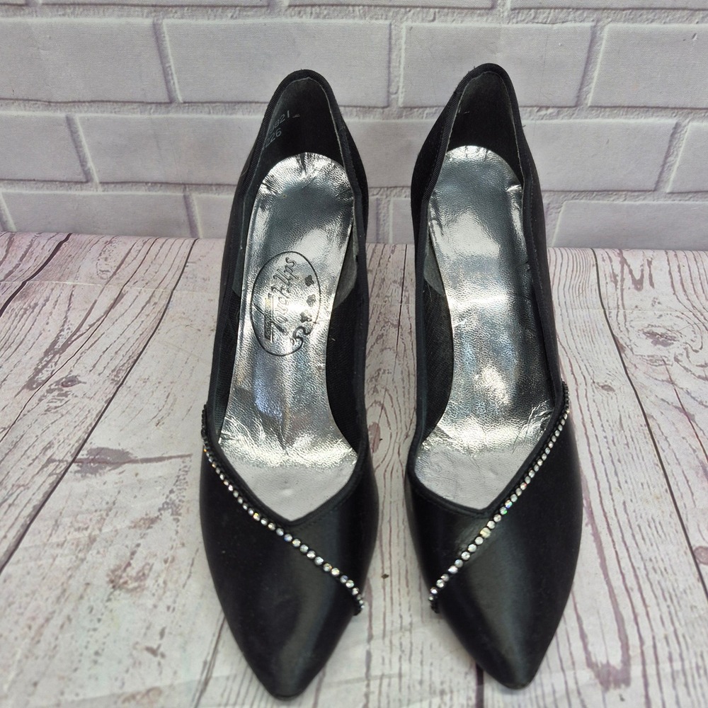 Touch Ups Womens Black Satin Rhinestone Pointed Toe Kitten Heel Pumps Size 7.5M